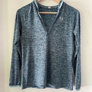 Under Armour Womens Small Heat Gear Blue Hoodie Hooded V Neck Heathered